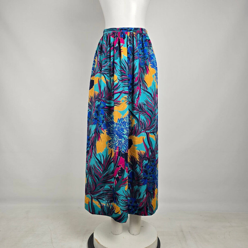 Vintage 80s Tropical Floral Midi Skirt Size S Teal Pink Resort Vacation A-Line